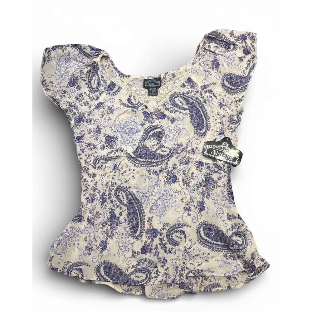 NWT Y2K ANGIE GIRLS Paisley Lace Trim Short Sleeve Blouse Top Cream Blue‎ Size L